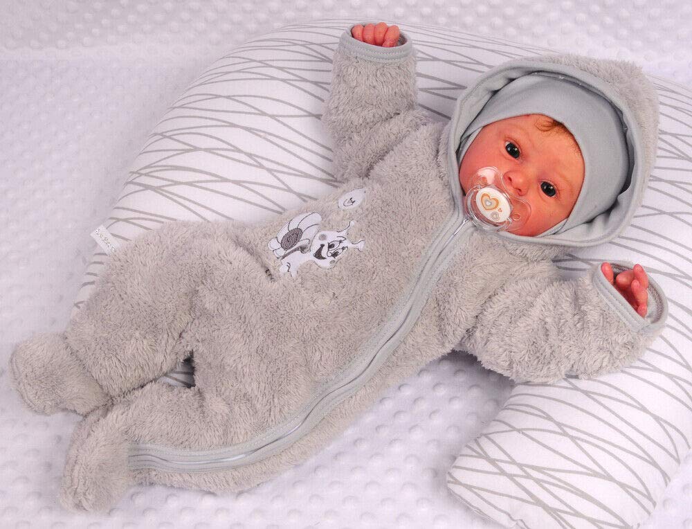 Overall Baby Wagenanzug – Größen 50 56 62 68 74 – Übergangsanzug warm aus Frottee-Stoff mit Baumwollfutter und Umschlagärmeln – Grau Unisex