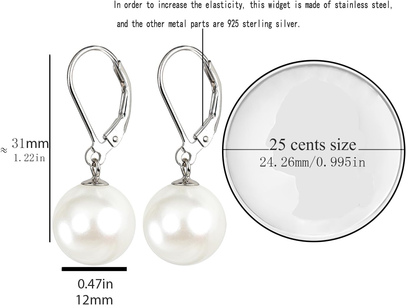 925 Sterling Silver Simulated Pearl Eardrop 18k Gold Plated Leverback Dangle Earrings - Image 2