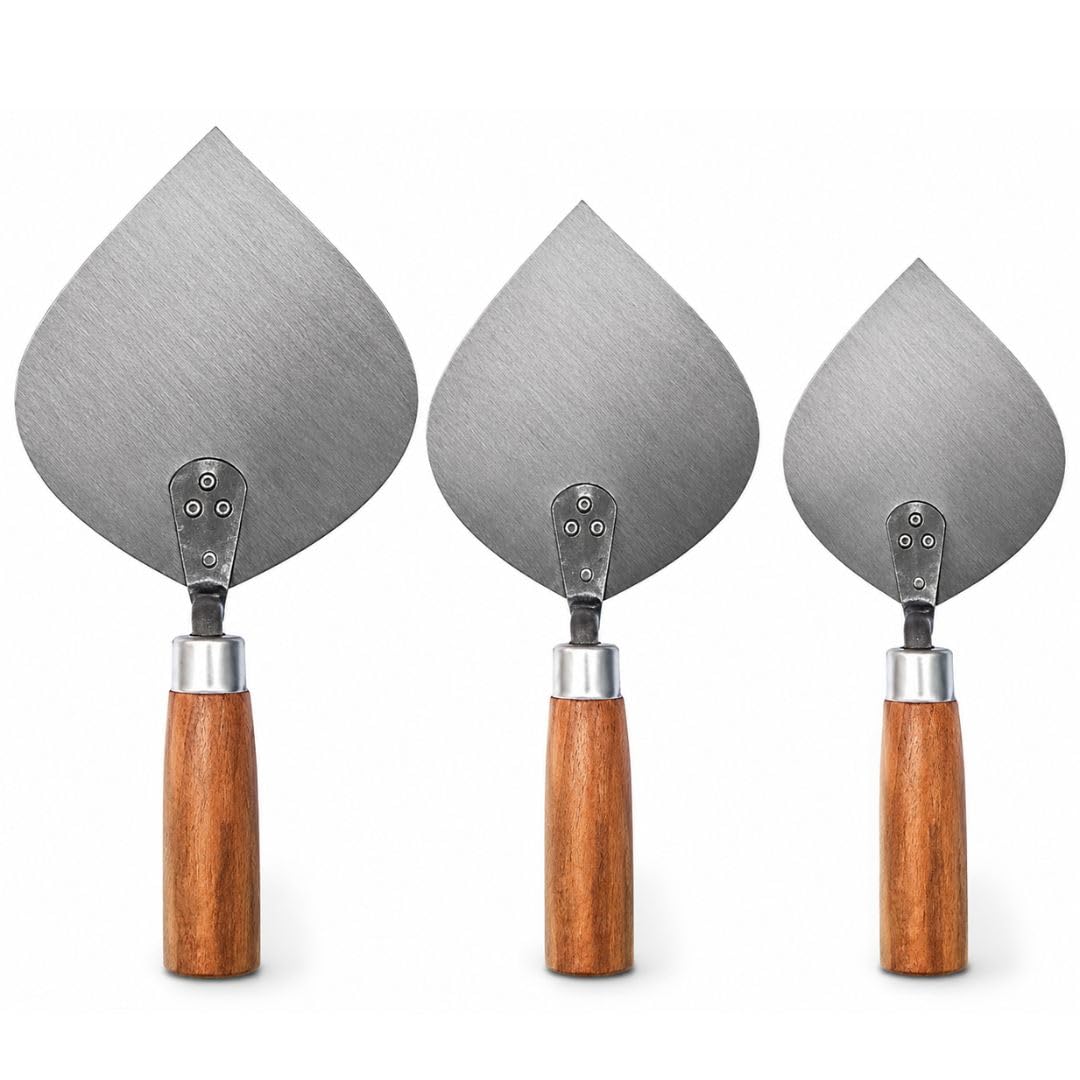 Karni Set 3 Pcs Cement Plaster Trowel Wooden Handle Raj Mistri Tool | High Carbon Steel Blade, 3 Sizes Included, For Cement Plaster, Natural Wood Handle, POP & Brick Work-image-40