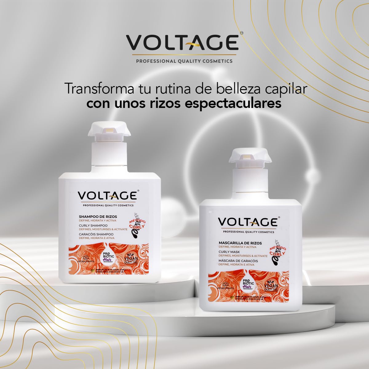 Voltage Cosmetics - Pack Método Curly - Champú y Mascarilla Pelo - 500 ml cada uno - Previene el Efecto "Build Up" y el Frizz - Rizos Definidos - Tratamiento Hidratante Cabello