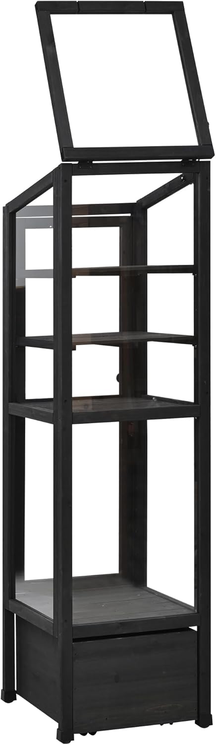 62.4inch Height Wood Garden Greenhouse Balcony Portable Mini Cold Frame with Movable Storage Box and Adjustable Shelves for Outdoor Indoor Use Black