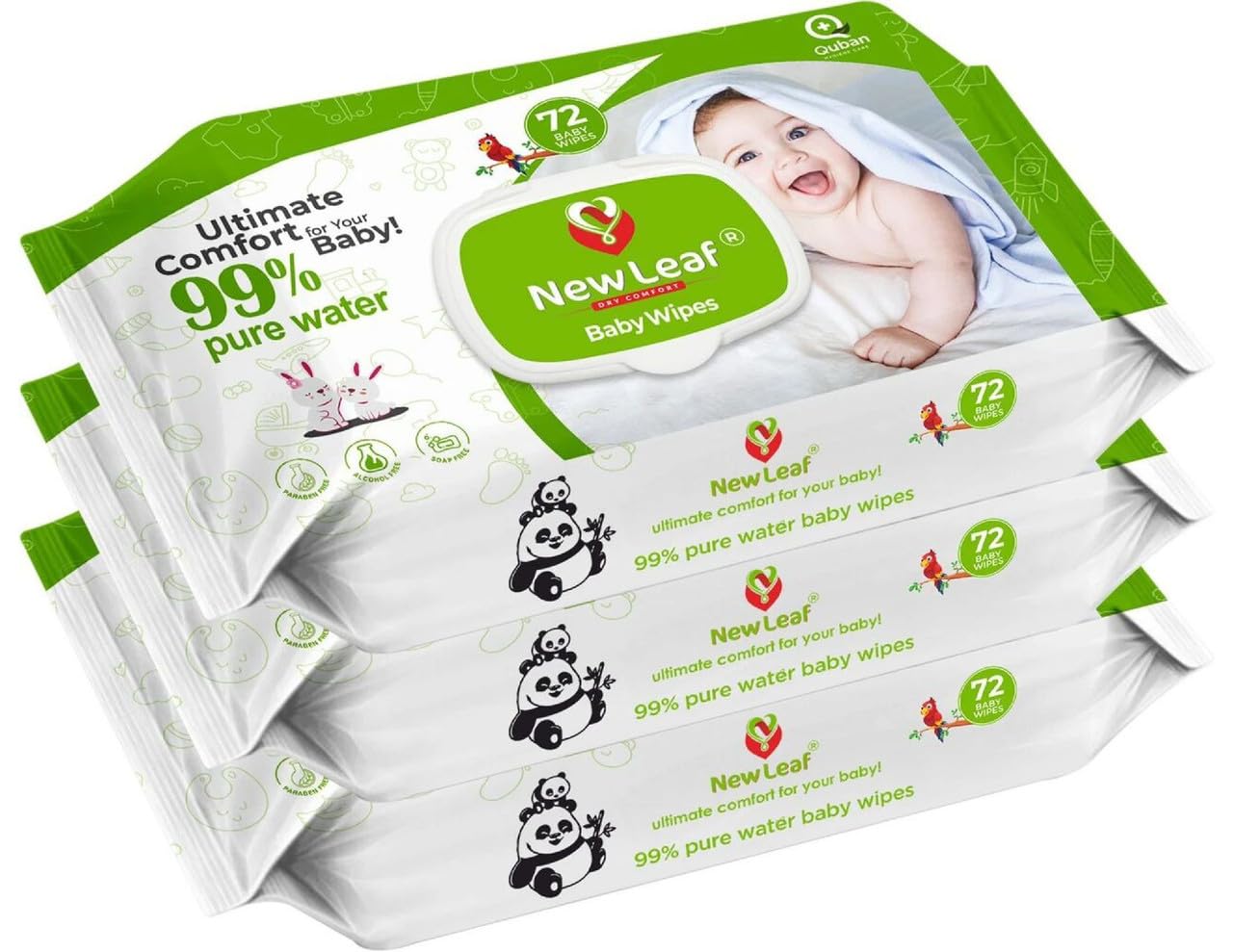 Newleaf Premium Baby Wipes | Pack of 3 | 216 Wipes (72 Each Pack) | 99% Pure Water Aloe Vera Glycerine with Lid