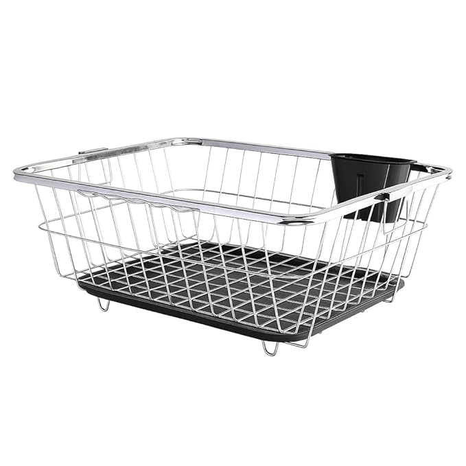 Solimo 3-in-1 Large Stainless Steel Dish Rack with Plastic Drainer, Cutlery Holder & Handle | Utensil Basket & Kitchen Dish Drying Rack Organizer (59 x 45 x 20 cm, Black)