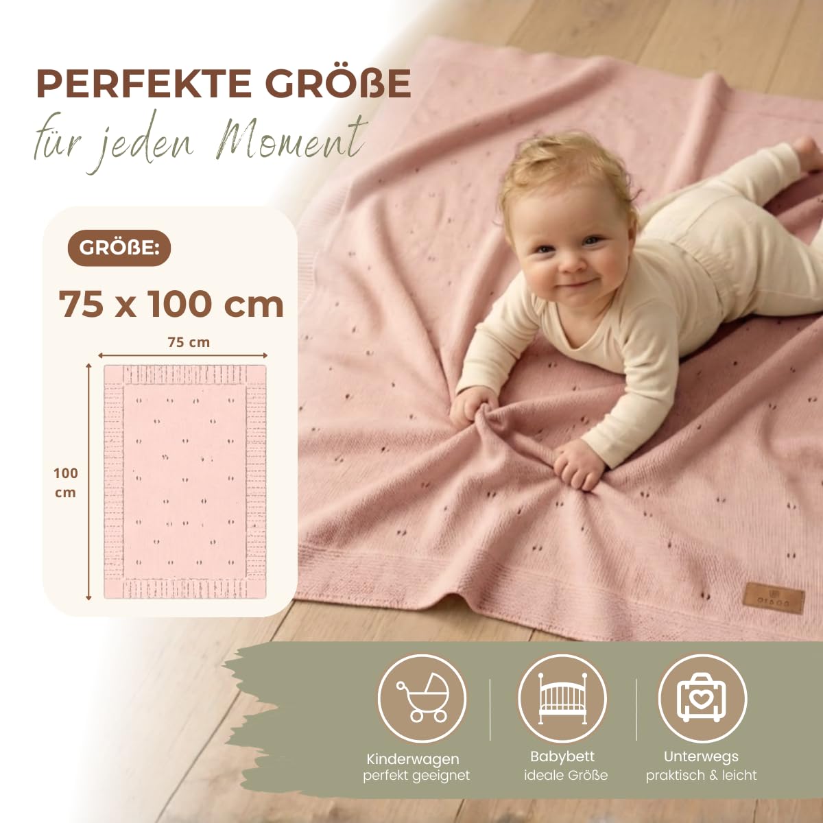 DIKOS Babydecke Sommer 75×100 cm aus feiner Bio-Baumwolle (GOTS & Oeko-TEX® 100) – atmungsaktive Strickdecke, leichte weiche Baby Decke für Neugeborene Mädchen, Geschenk zur Geburt (Altrosa)