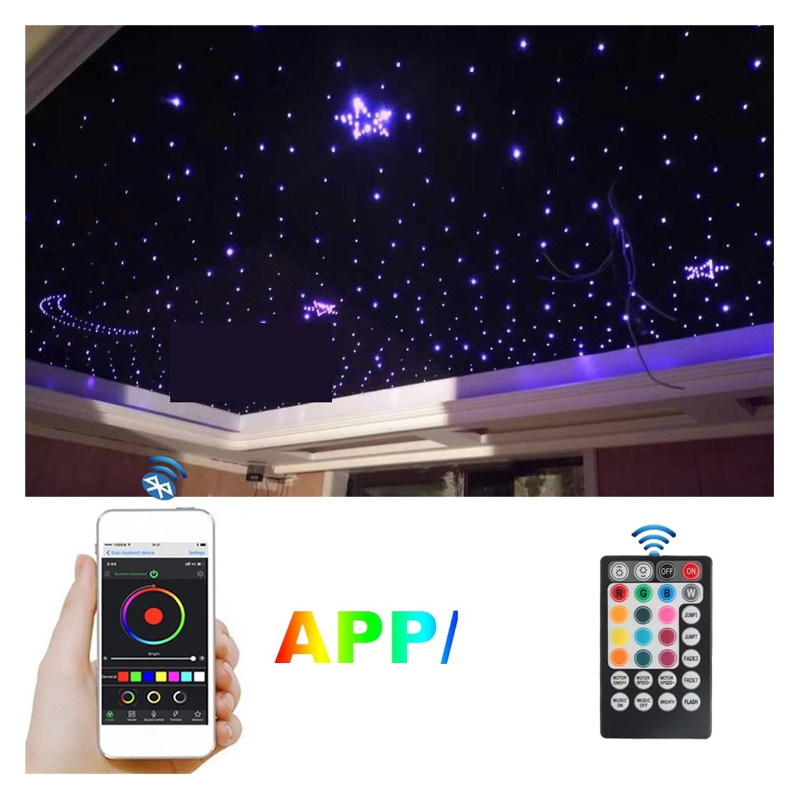 Zestaw oświetlenia światłowodowego LED, 32W RGB 4-poziomowy kontroler efektu migotania, 600 szt. 4m 0.75mm kabel światłowodowy kontrola aplikacji,Wytrzymały