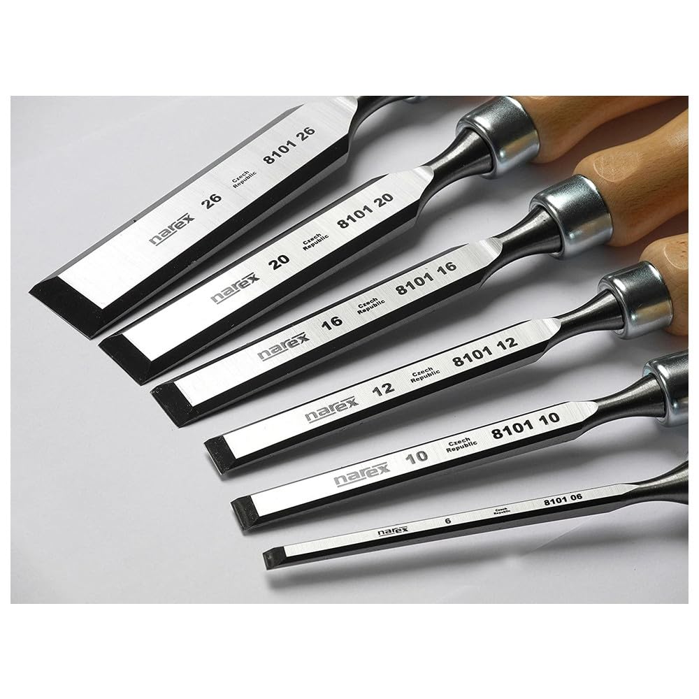 Narex Set di scalpelli a bordo smussato, con manici in legno, in custodia di legno, set da 6 pezzi