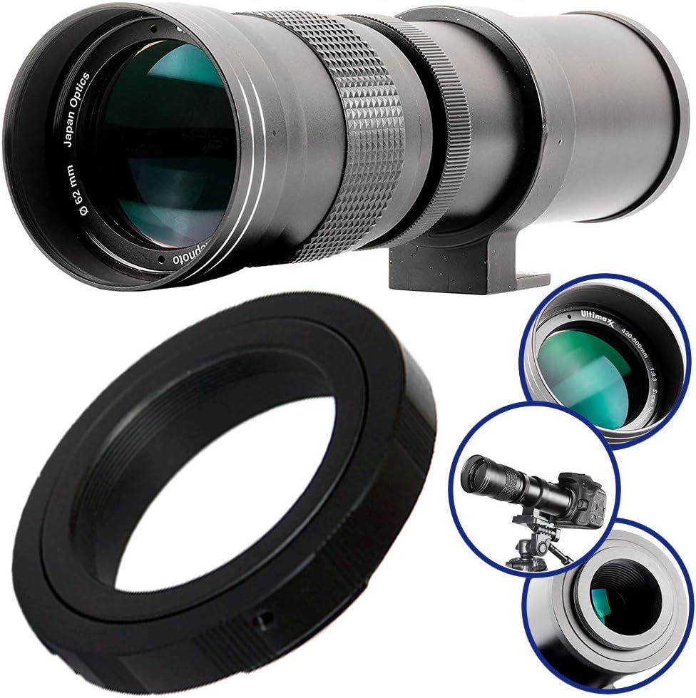 - 420-800mm f/8.3-16 Super HD Manual Telephoto Zoom T-Mount Lens Kit for Canon EOS 9000D 800D 760D 750D 700D 1300D 1200D T100, 4000D, 3000D, 2000D, 1500D DSLR Cameras