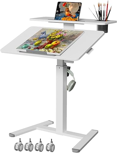 Escritorio móvil de pie de 28 pulgadas con ruedas, soporte rodante para laptop con escritorio inclinable, estación de trabajo para computadora