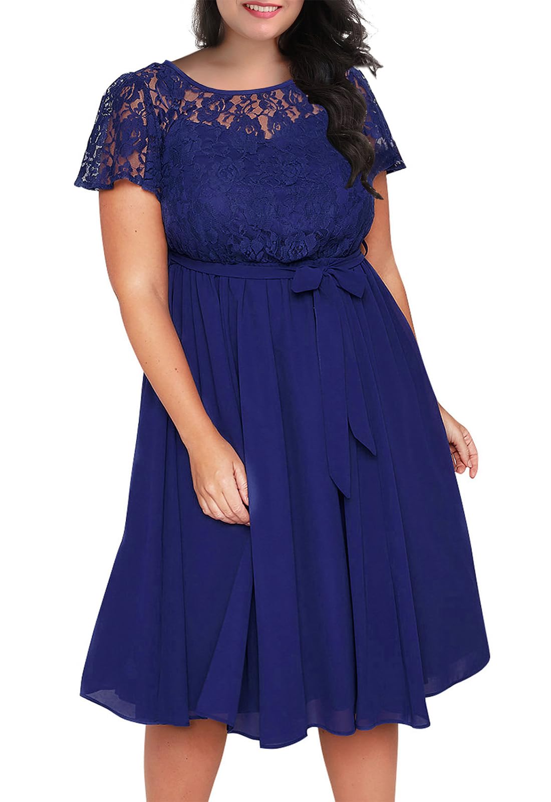 Nemidor Women's Scooped Neckline Floral lace Top Plus Size Cocktail Party Midi Dress
