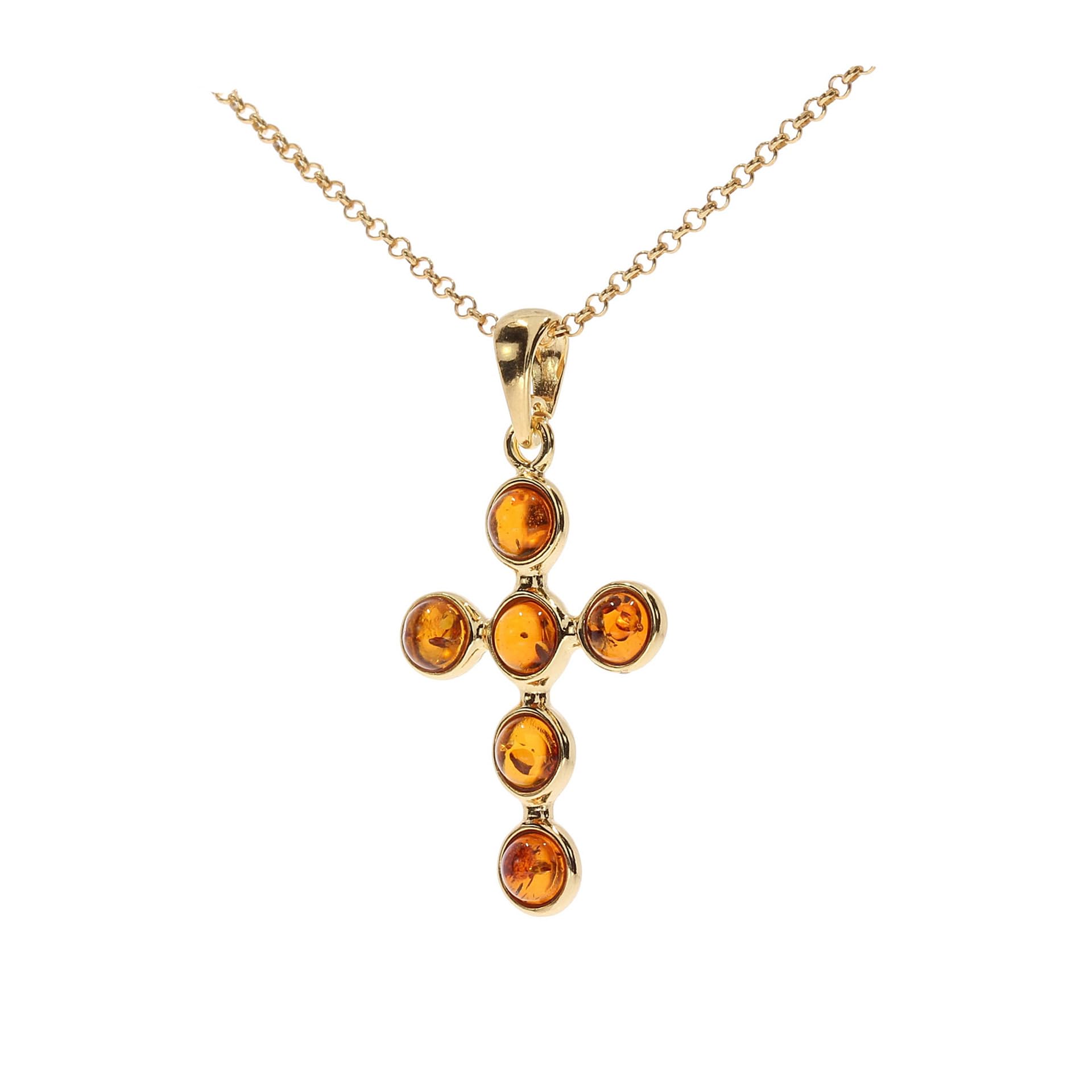Ciondolo in ambra (senza catena), ciondolo a forma di croce in ambra e argento sterling 925/000 placcato oro