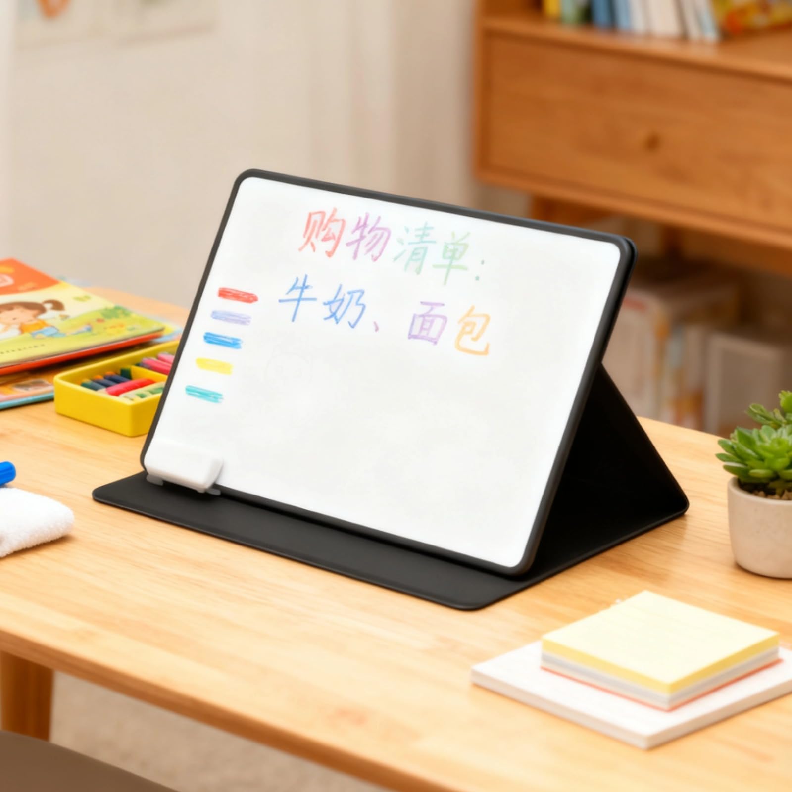 A4 Whiteboard mit Ständer, tragbares Whiteboard 32 x 22 cm, starke Haltekraft, trocken abwischbar, faltbare PU Leder Halterung, inklusive 3 Stiften, Radierer