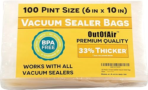 100 bolsas selladoras al vacío tamaño de pinta (6 x 10 pulgadas) por OutOfAir funciona con FoodSaver y otras máquinas, 33% más gruesas, sin BPA,