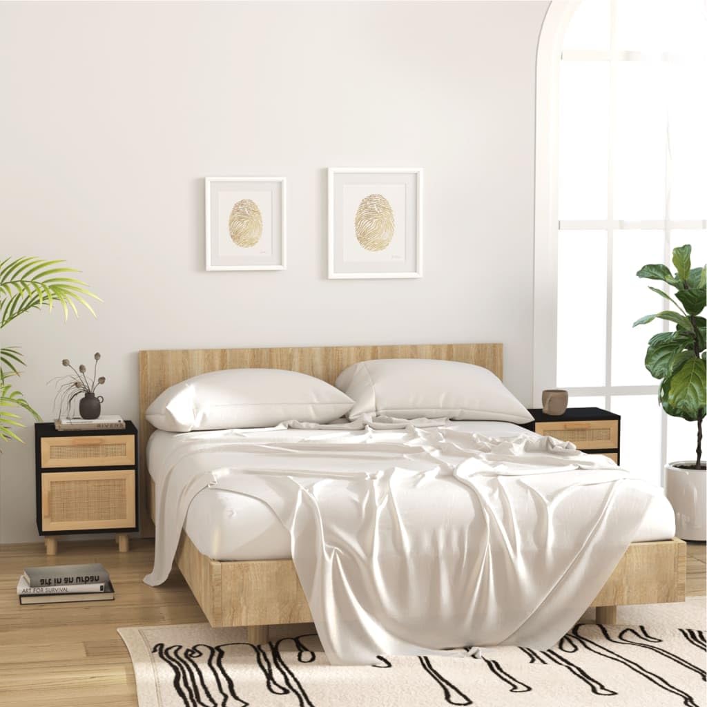 Home & Garden - Comodino in legno massello di pino e rattan naturale, colore: Nero
