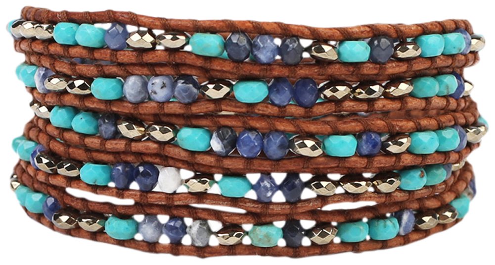Chan LuuTurquoise, Pyrite and Sodalite Mix of Semi Precious Stones Brown Leather Wrap Bracelet