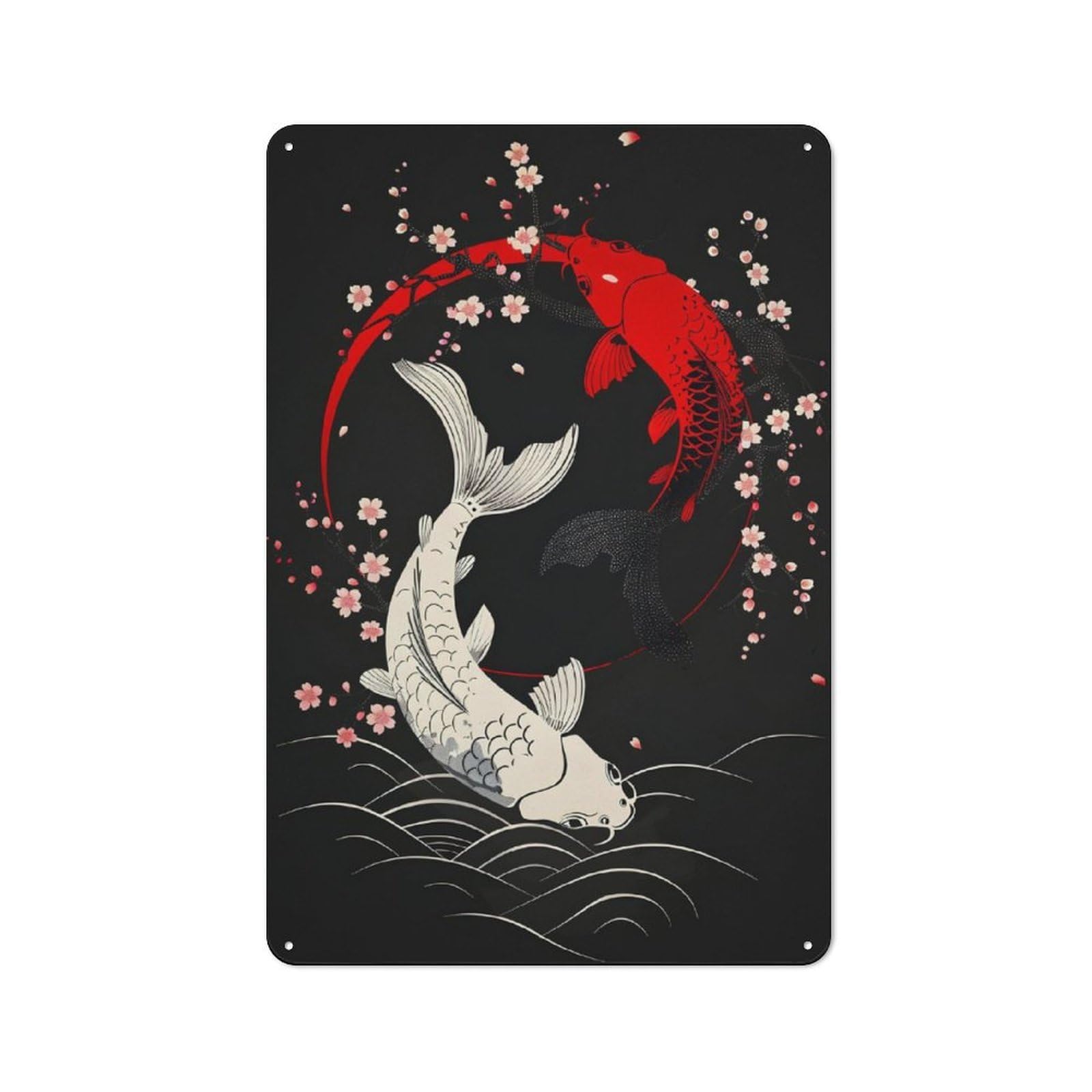 Junmoney Koi Fish And Cherry Blosso Tin Wall Plaque 30X20cm With For Pub Or Café, With Clear Vintage Wall Decor Character
