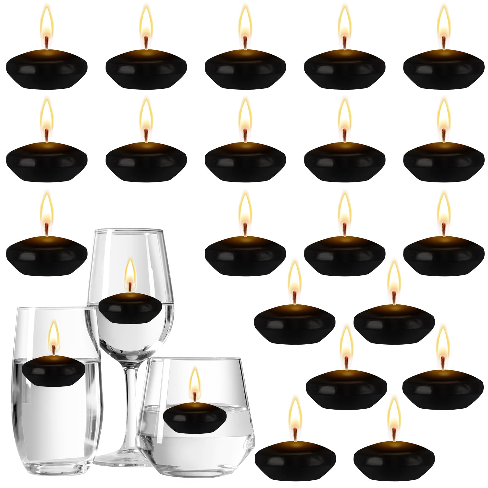 Photo 1 of Nuanchu 20 Pcs Black Floating Candles Centerpieces for Wedding Small Unscented Floating Candles Decoration for Wedding Anniversary Holiday Party Gifts Home Pool Decor