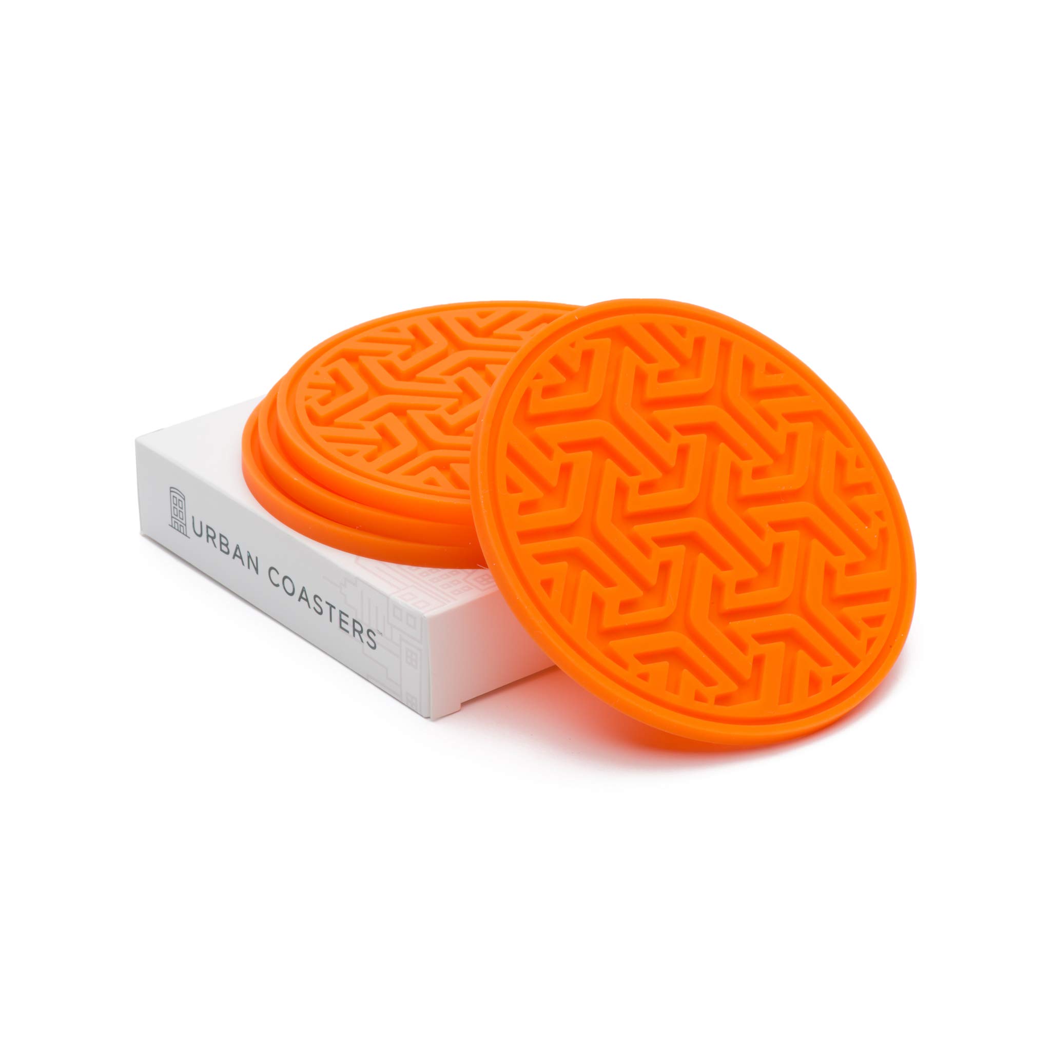 URBAN COASTERS Drink Coasters for Tabletop Protection - Set of 4 No-Slip Silicone Rubber Coasters for Coffee Table, Desk & More - USA-Made Coasters for Drinks w/Liquid-Catching Grooves (Bright Orange)