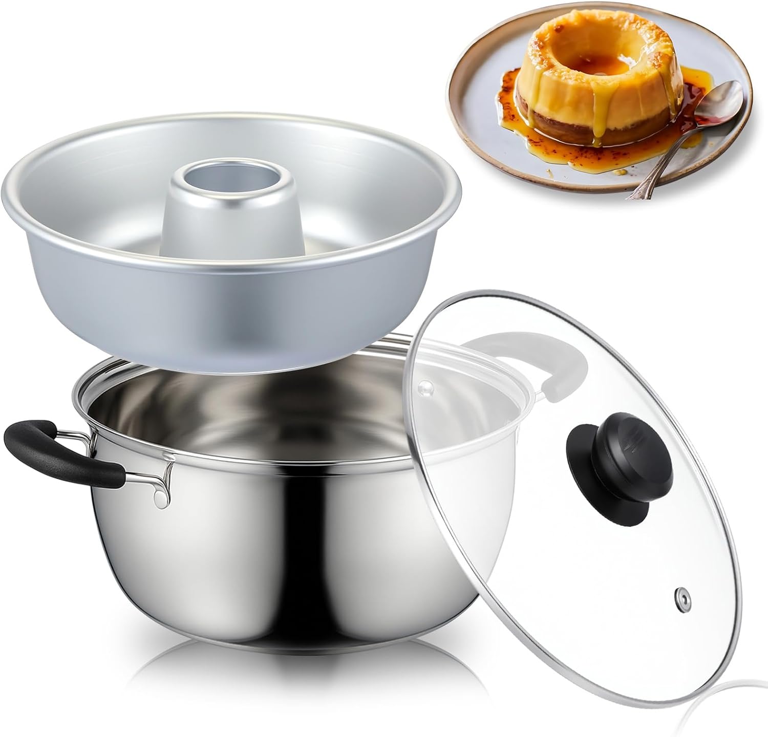 LemonRoad 2.7 Qt Thicken Stainless Steel Double Boiler with Aluminum Flan Inner Mold and Glass Lid for Making Ring Cake, Pudding, Melting Chocolate, Custards Baking Supplies