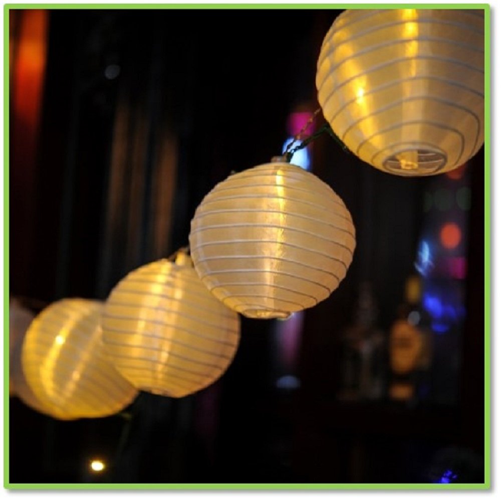 Chinese Globe Shaped Paper Lanterns with LED Bulbs Outdoor Garden Patio 20 Bulb Strand Oriental Style Round Paper Lantern Lights with Transformer Plug (White)