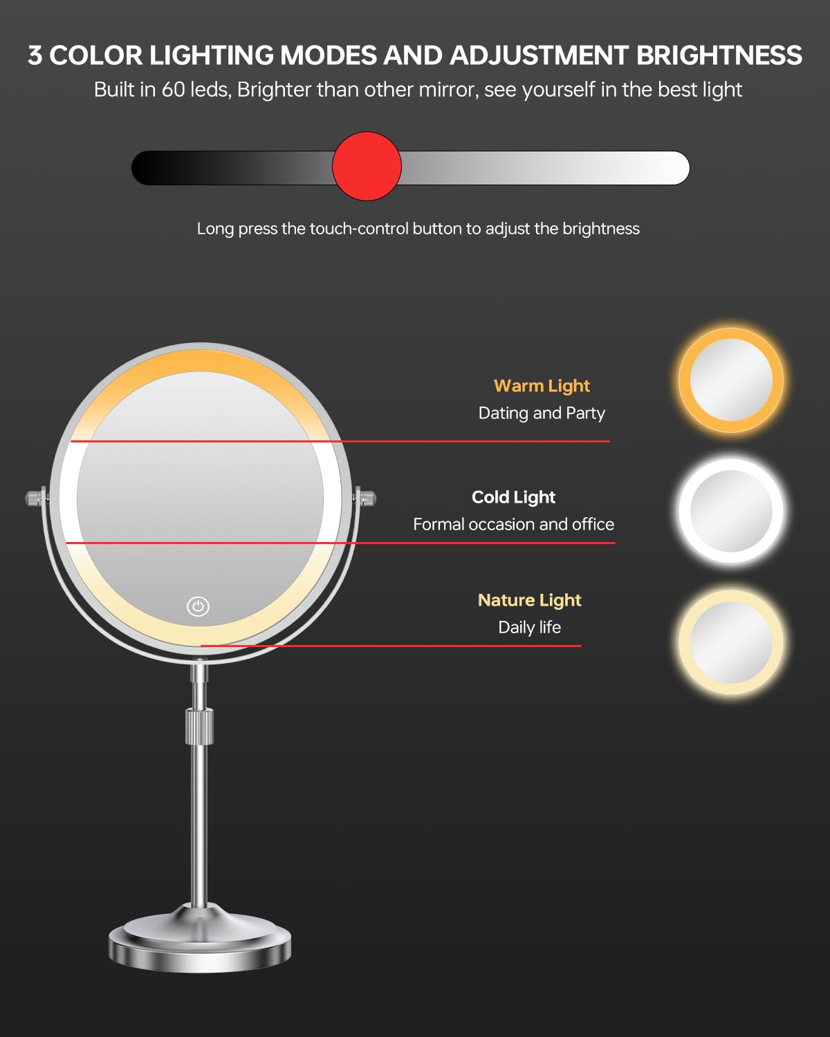 Miroir de maquillage lumineux de 22,9 cm avec grossissement x 1, 5000 mAh, LED rechargeable, avec lumières, 3 couleurs d'éclairage, hauteur réglable, luminosité, miroir cosmétique chromé