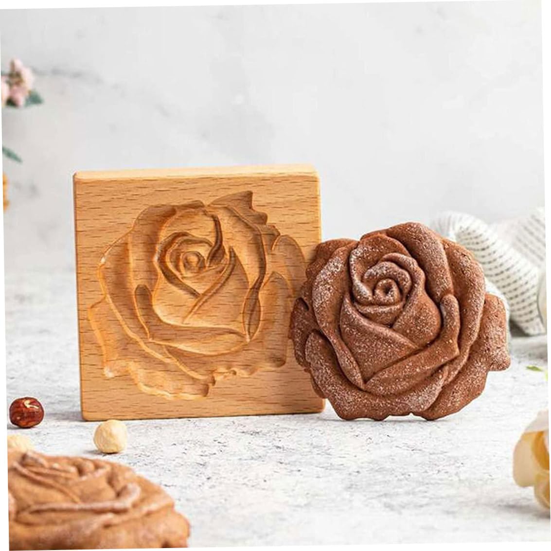 Keksausstecher, Keksformen aus Holz, Kekse, Plätzchen, DIY-Keks-Backform, hölzerner 3D-Rosen-Pressstempel for Party, Hochzeit, Küchenbedarf