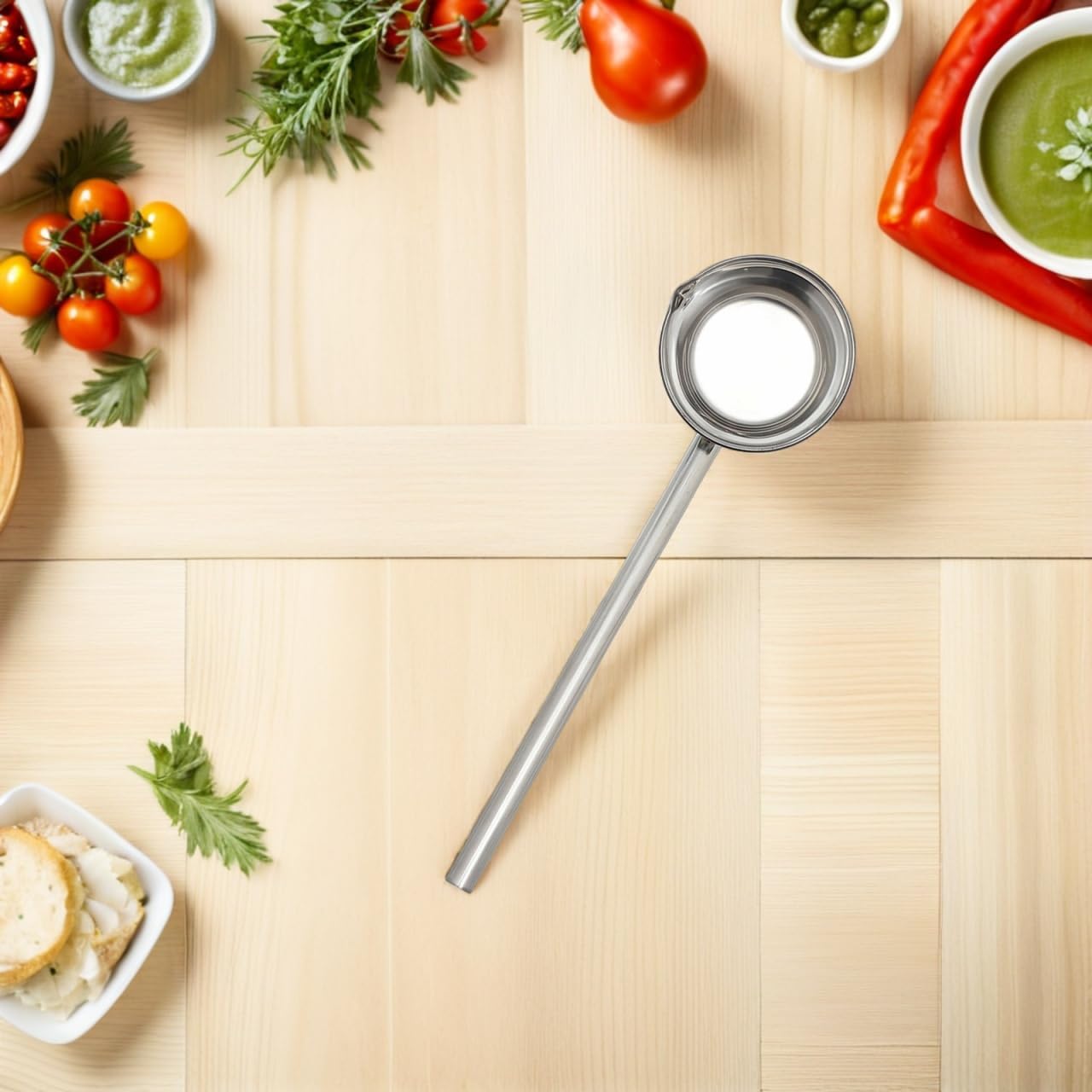 OUNONA Long Handle Water Ladle 18.11-Inch Stainless Steel Soup Ladle with Ergonomic Grip for Kitchen Garden Watering Home Hotel Restaurant Canteen Use