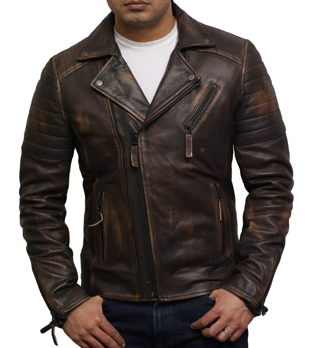 BRANDSLOCK Mens Genuine Leather Biker Jacket Slim Fit Cross Zip Retro Brando Vintage