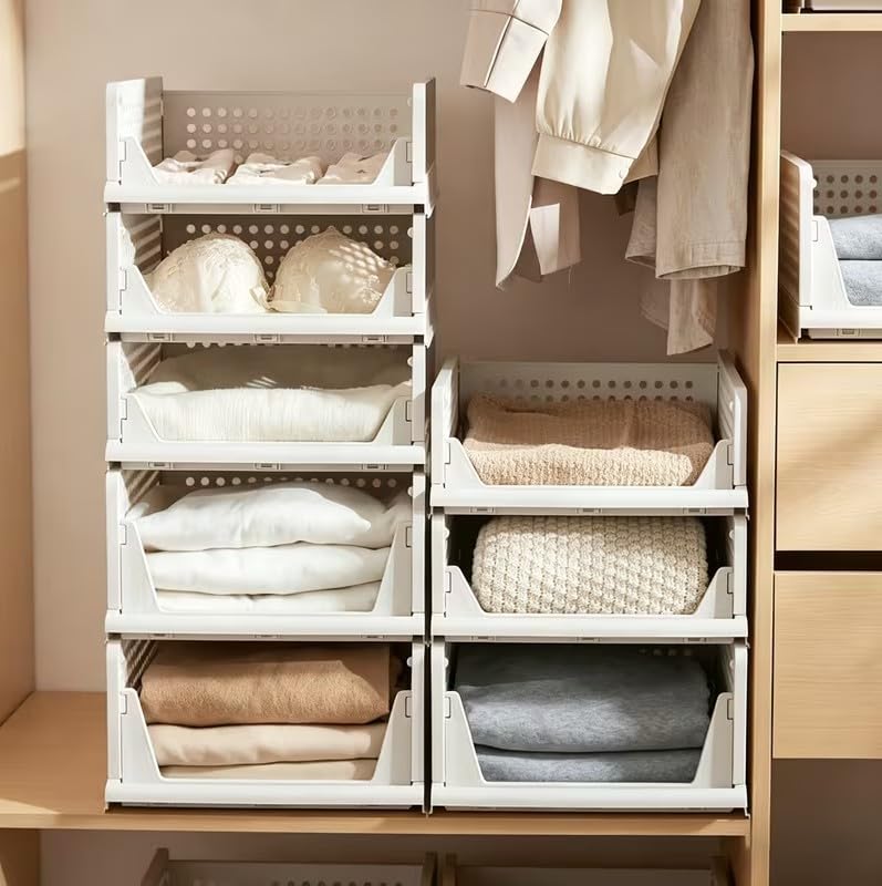 Genérico Organizador de Armario (Pack de 8) – Cajas de Almacenamiento de Plástico con Cajones Extraíbles para Ropa, Estantes, Vestidor y Baño, 43 x 32,5 x 18,5 cm