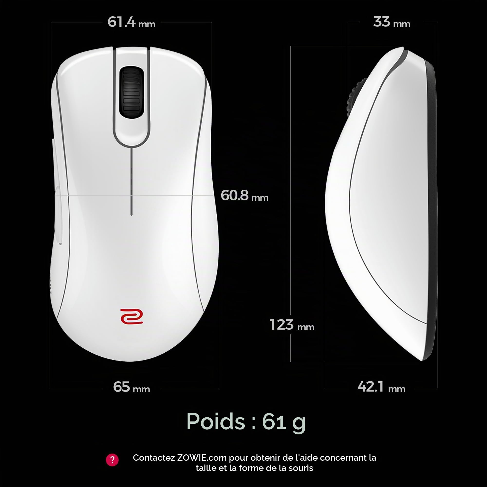 BenQ Zowie EC2-DW Souris Gaming sans Fil 4K édition Blanche 61 g capteur 3950 Ergonomique récepteur 4K sans Pilote Polling Rate 4K conçue pour l’Esport