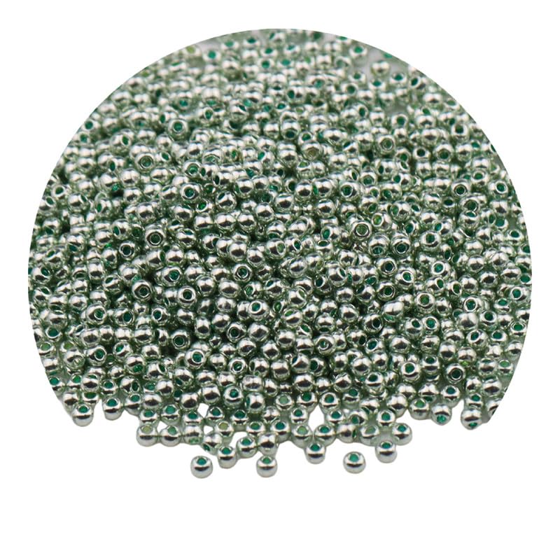 2 Packs Light Green Metallic Glass Seed Beads,2mm Mini Glass Craft Beads for Crafting, Bracelets, Keychain Making, About 2000Pcs