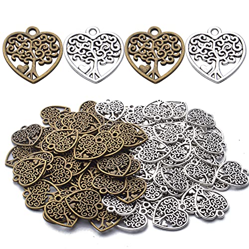 BronaGrand 100pcs Heart Charm Alloy Tree of Life Charms Pendants