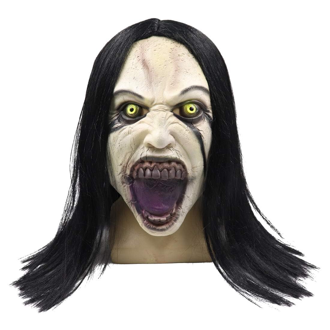 Zombie Mask Scary Scream Crying Female Ghost Mask with Long Hair Devil Horror Latex Full Head Mask Halloween Cosplay Costume Props for Adults