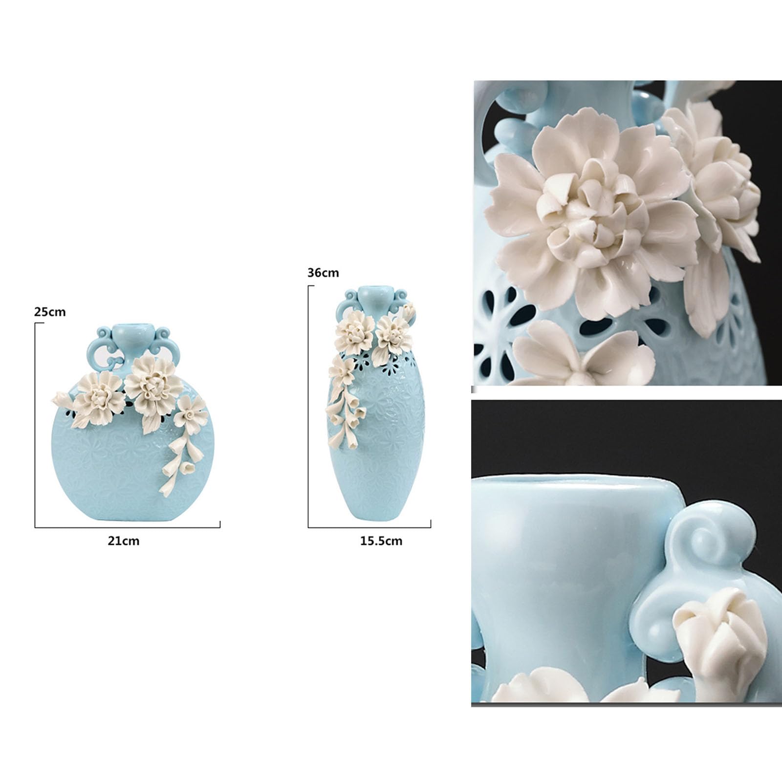 Amazon.co.jp: 水色の陶器の花瓶、卓上花瓶立体的な白い花の装飾が施