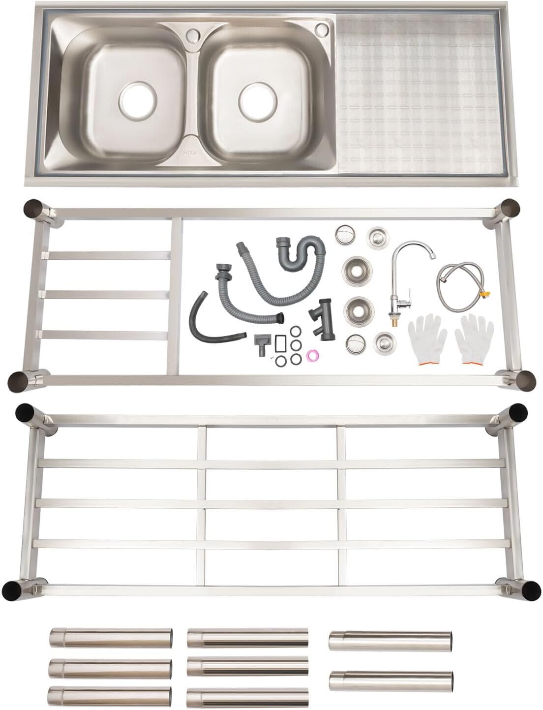 Stainless Steel Sink, Free Standing Outdoor Sink Station, Double Bowl Commercial Utility Sink w/Faucets, Kitchen Prep & Hand Washing Basin w/Workbench & Storage Shelf, For Garage, Restaurant