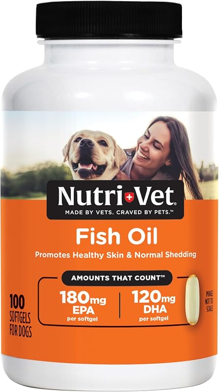 Nutri-Vet Fish Oil for Dogs, Omega 3 Skin Support, EPA & DHA, 100 Count | Dog Fish Oil, Dog Fish Oil Supplements, EPA DHA Formula, Skin & Coat Support, Shed Control, Healthy Skin & Coat Supplement