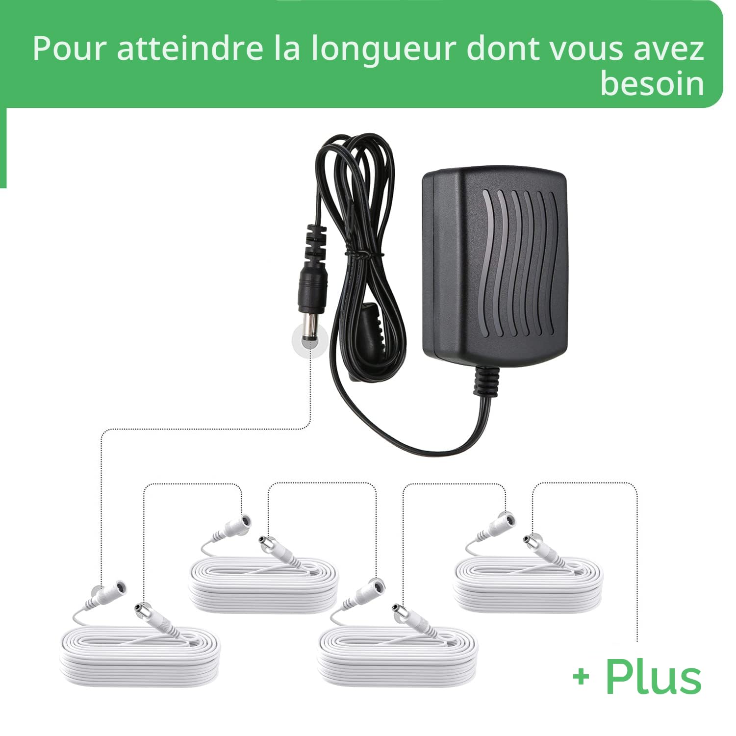Câble d'extension de 3 m, prise 5,5 mm x 2,1 mm, DC 5 V 6 V 9 V 12 V 24 V pour caméra de vidéosurveillance, illuminateur infrarouge, imprimante, bande LED, blanc