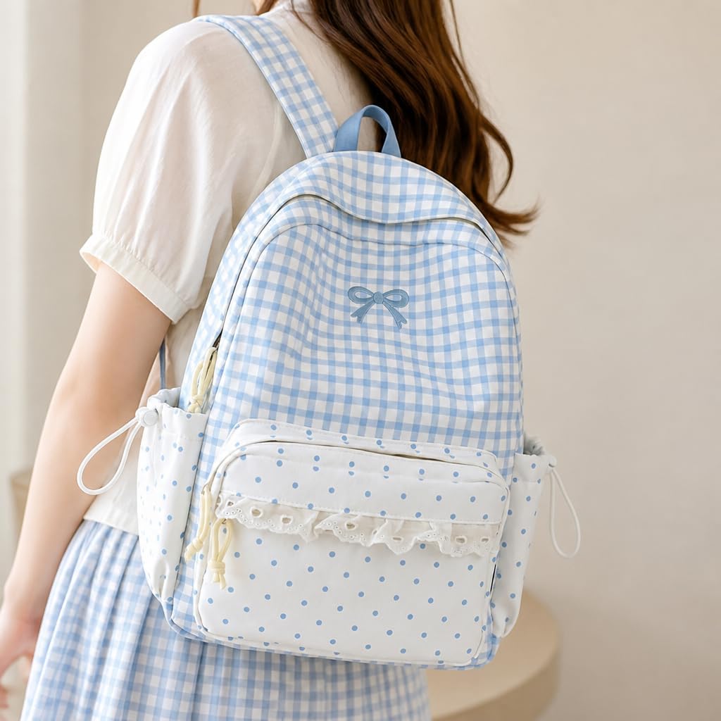 Ruffle Backpack with Plaid, Polka Dot Pockets and Bow Accent (Blue)