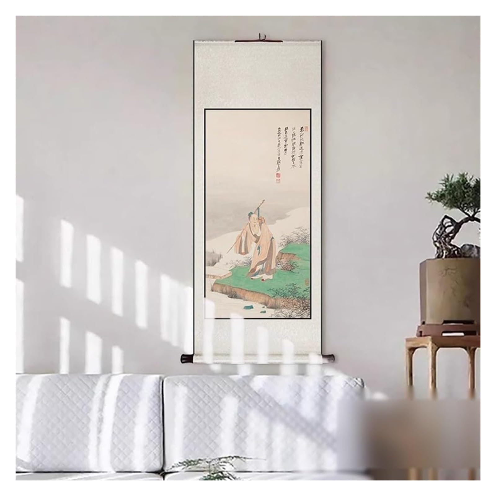 Starożytne malowidło figuralne, chiński ręcznie robiony pionowy wystrój, wiszące dekoracje biurowe Feng Shui, dzieło sztuki gotowe na prezent(Creamy white B,79L x 186W cm)
