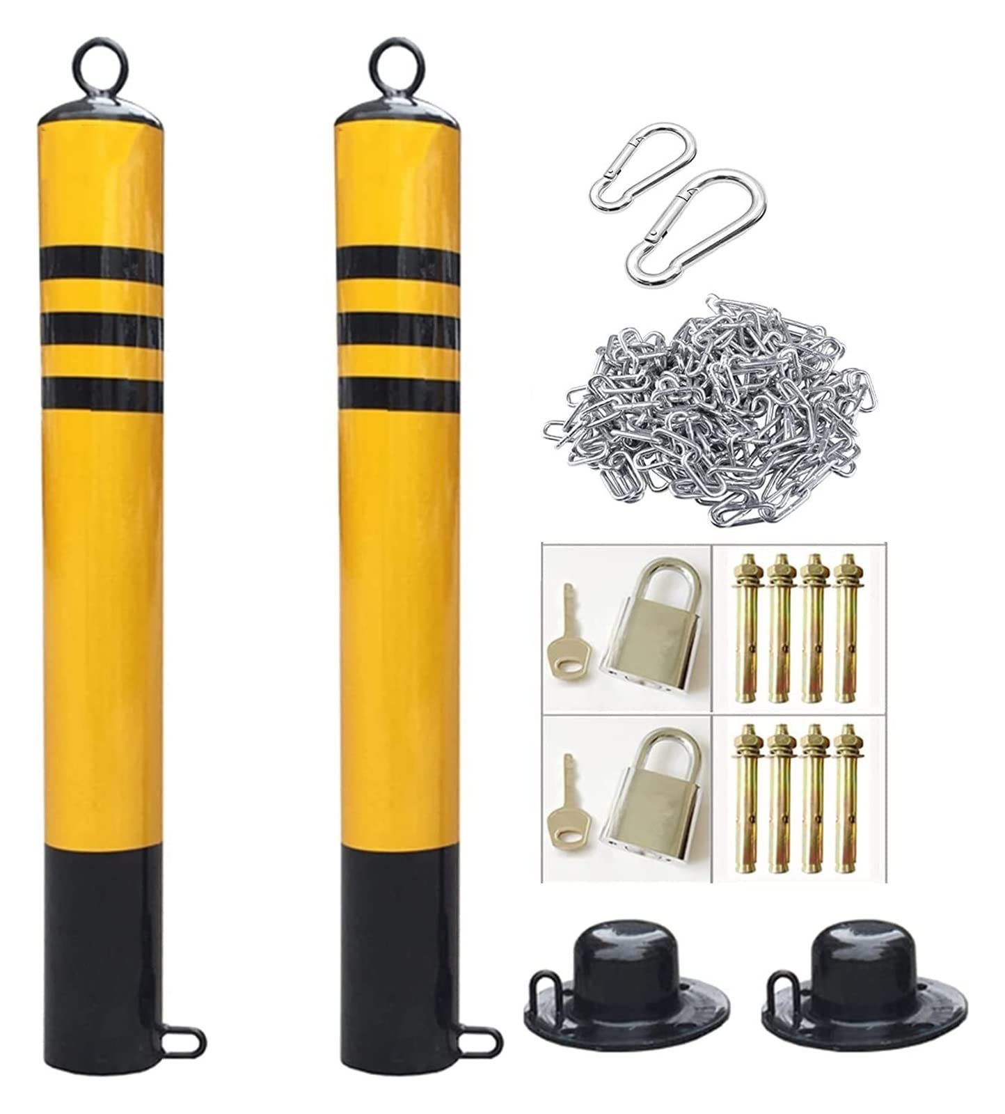 MOKLYF 2 Parking Barriers and 5m Iron Chain Barrier Set, Galvanized Steel Bollard Post with Hanging Ring and Mobile Base (76x800mm)