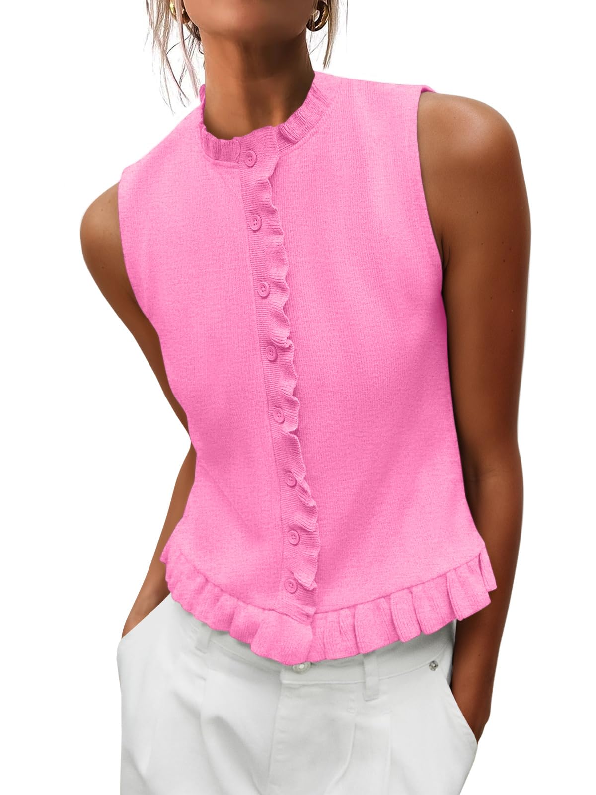 Women's Sleeveless Pleated Cardigan Summer Round Neck Sweater Casual Cute Soft Knitted Top-image-43