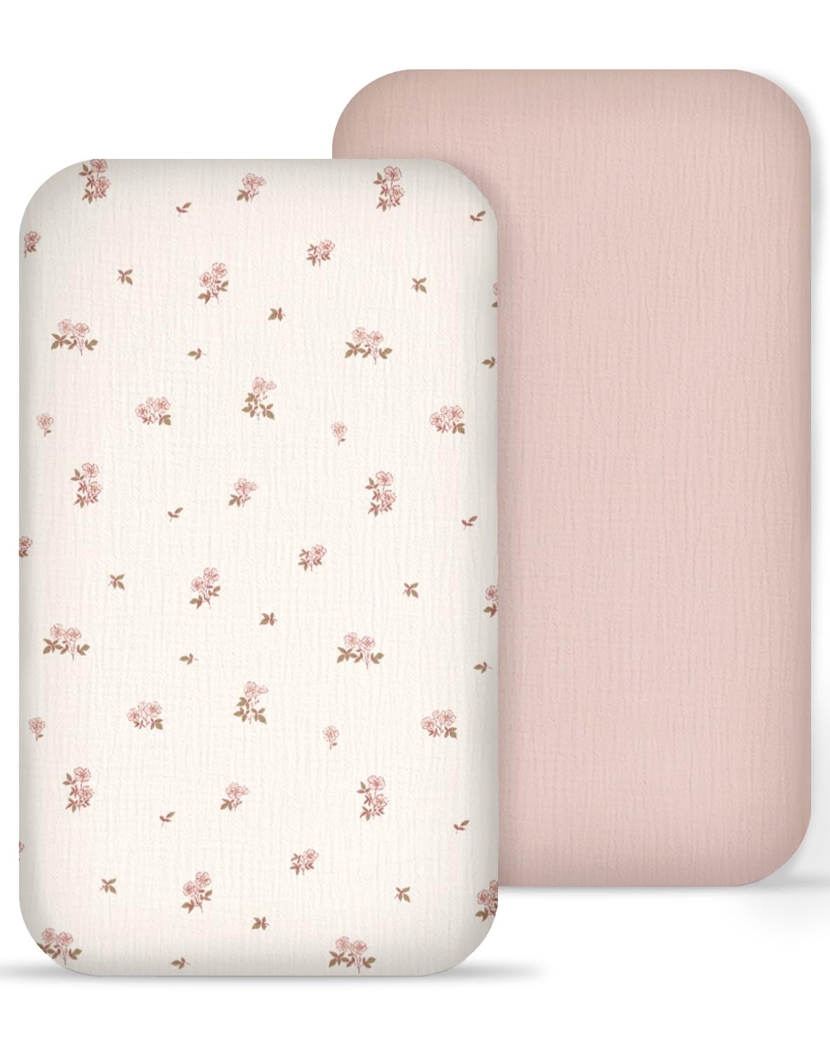 Muslin Bedside Bassinet Sheets 2 Pack, 33" X 20", (Vintage Blossom &amp; Pink)