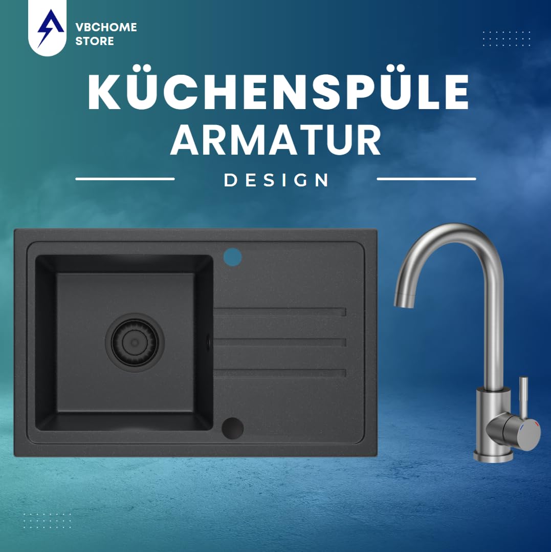 VBChome Fregadero de granito negro, 70 x 44 cm, reversible, juego completo con sifón y grifo de acero inoxidable, fácil de limpiar, moteado, lavabo profundo, ideal para cocinas pequeñas