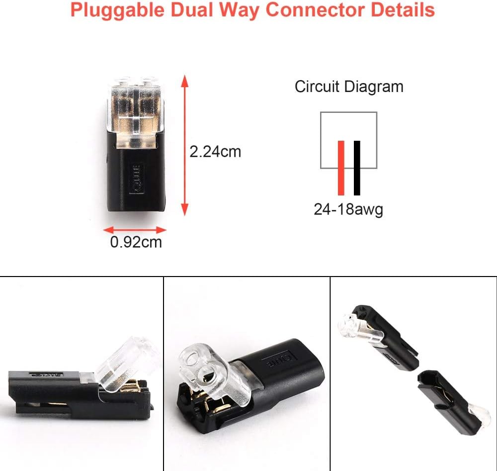 Pluggable LED Wire Connectors, 12pcs 2 Pin 2 Way Universal Compact Wire Terminals, No Wire-Stripping Required, Toolless Spring Wire Connectors, Quick Splice Wire Wiring Connector for AWG 20-24