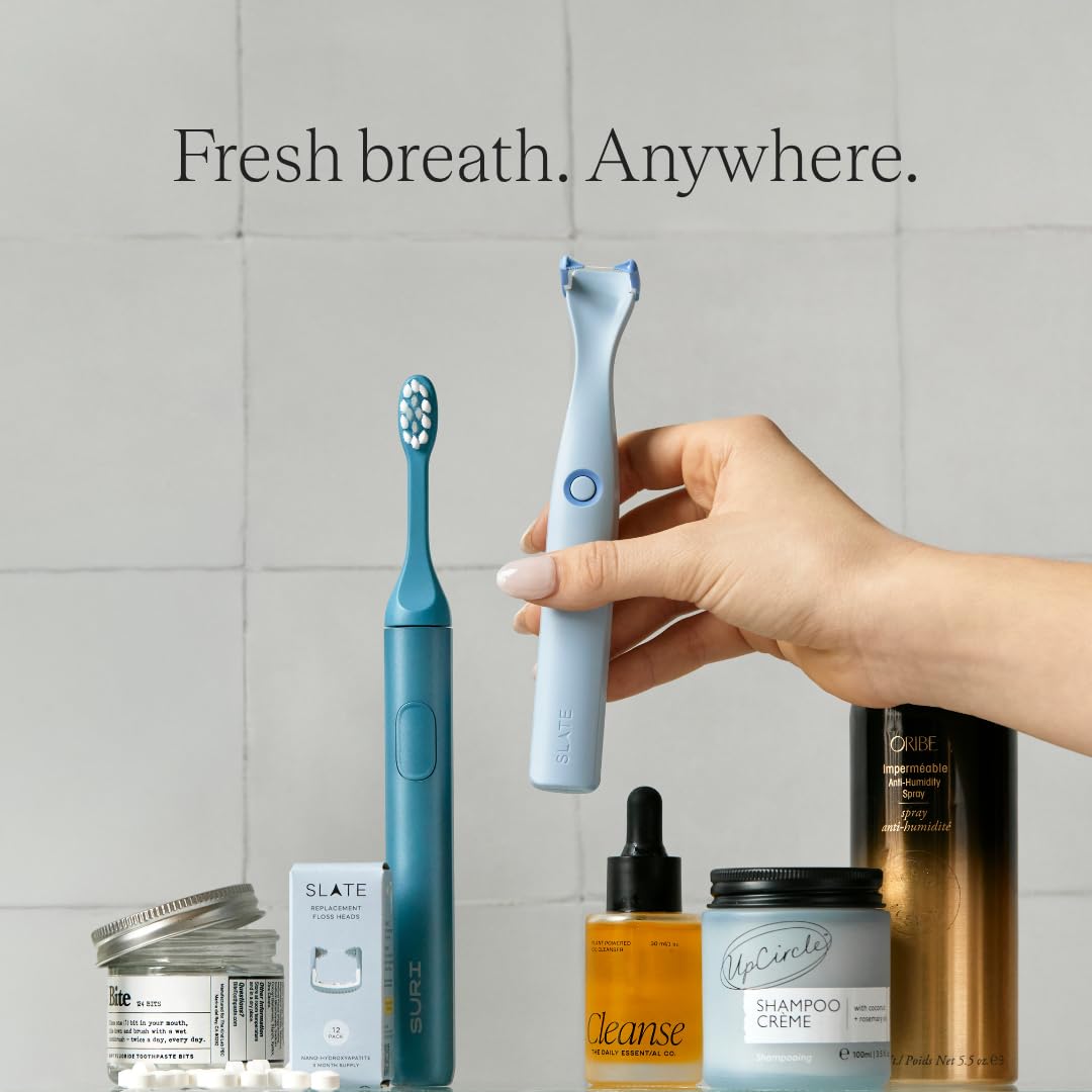 Slate Origin - Flosser elettrico 3 in 1, alimentato a batteria, inventato dal dentista, con testine riutilizzabili, spazzole per gengive e raschietto per lingua, 12.000 vibrazioni soniche, senza PFAS