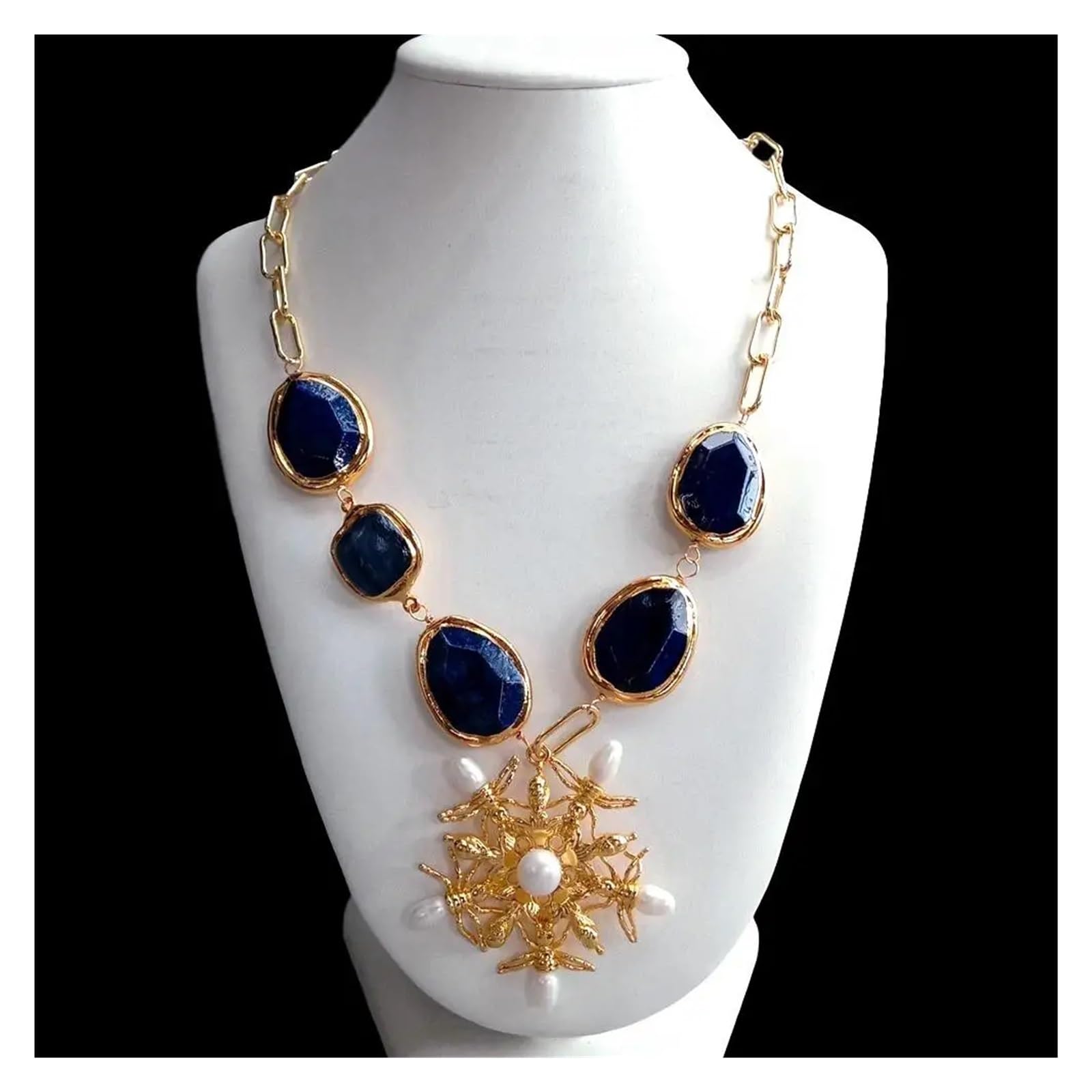 White Pearl animal charm Pendant 21" for women Blue Lapis Kyanite Gold color Plated Edge Chain Necklace