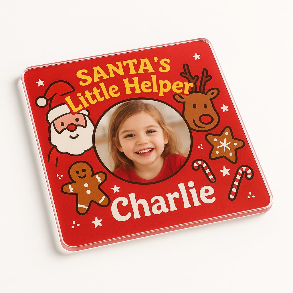 The Plum Penguin Whimsical Helper Personalised Acrylic Coaster Gift With Whimsical Christmas Design - Personalised Santa's Little Helper Photo Keepsake For Kids