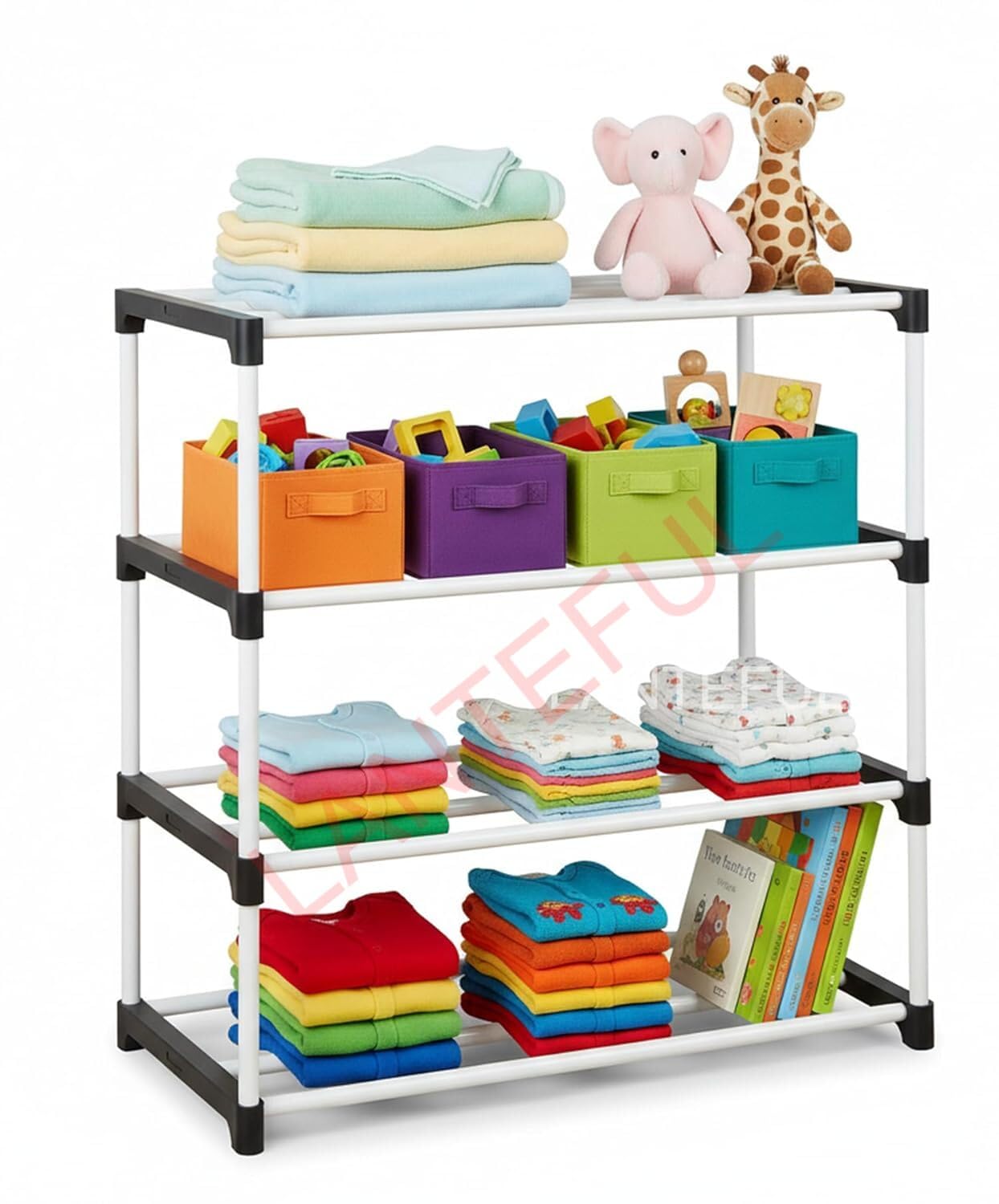 Baby Wardrobe Plastic Multipurpose 4 Shelve Toy Organizer Foldable Cloth Organizer for Kids Stand Room Home Decor Clothes Collapsible Toys rack Nursery Kids Wardrobe Book Shelf children Bookshelf