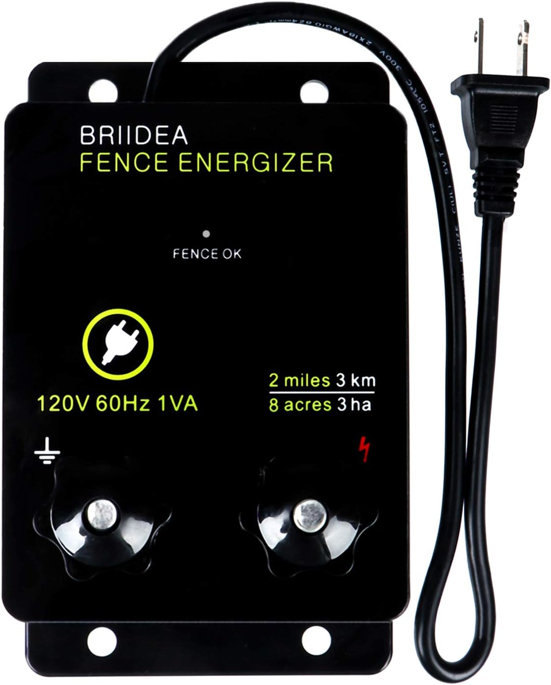 Briidea 2-Mile Electric Fence Energizer for Preventing Wild Animals Intruding 8 Acres Output Voltage 5000 V 0.1Joule