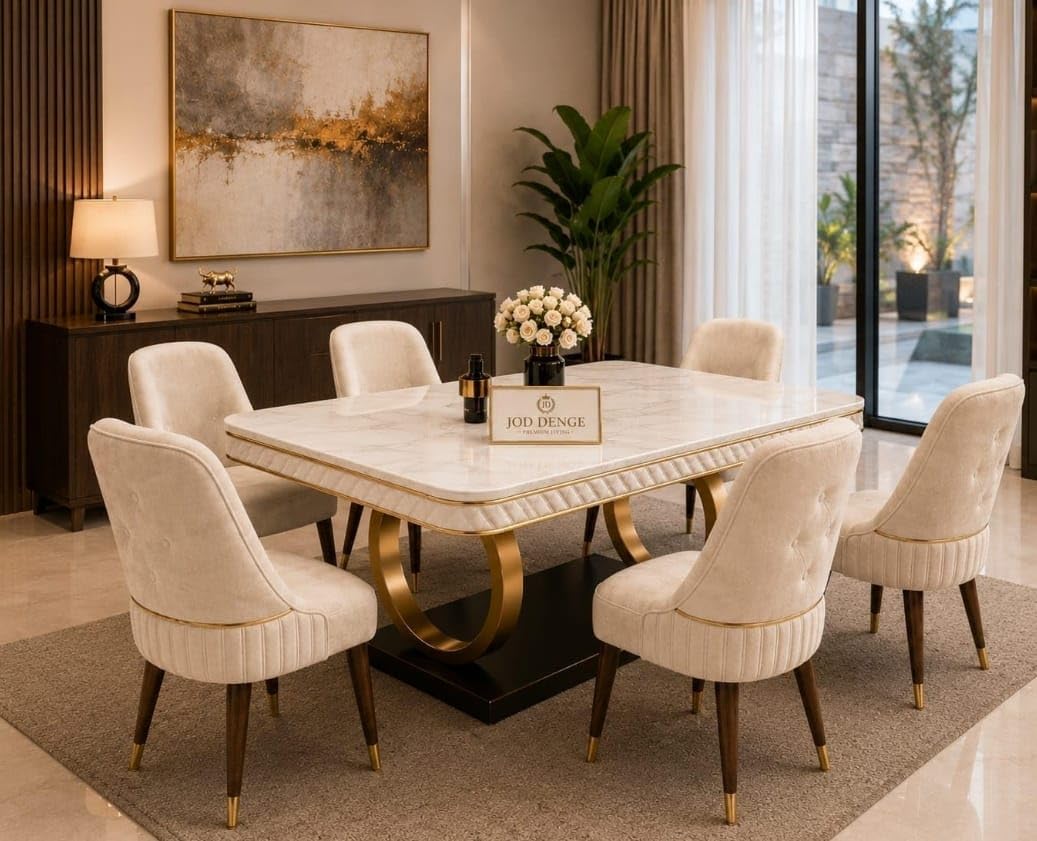 6-Seater Wooden Dining Table Set | Nano Composite Marble Top | Solid Wood Base | Modern Dining Room Furniture with 6 Chairs (Cream)-image-49