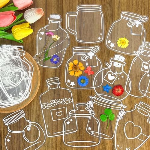 Dried Flower Bookmark Kit, 40pcs DIY Transparent Bookmarks for Pressed Dried Flowers, Plastic Clear Jars Stickers Set with Instructions Medium Size(Pressed Flowers Excluded)